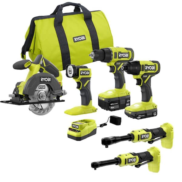 RYOBI ONE+ 18V Cordless 4-Tool Combo Kit with 1.5 Ah Battery, 4.0 Ah Battery, Charger, and Extended Reach Ratchet Set