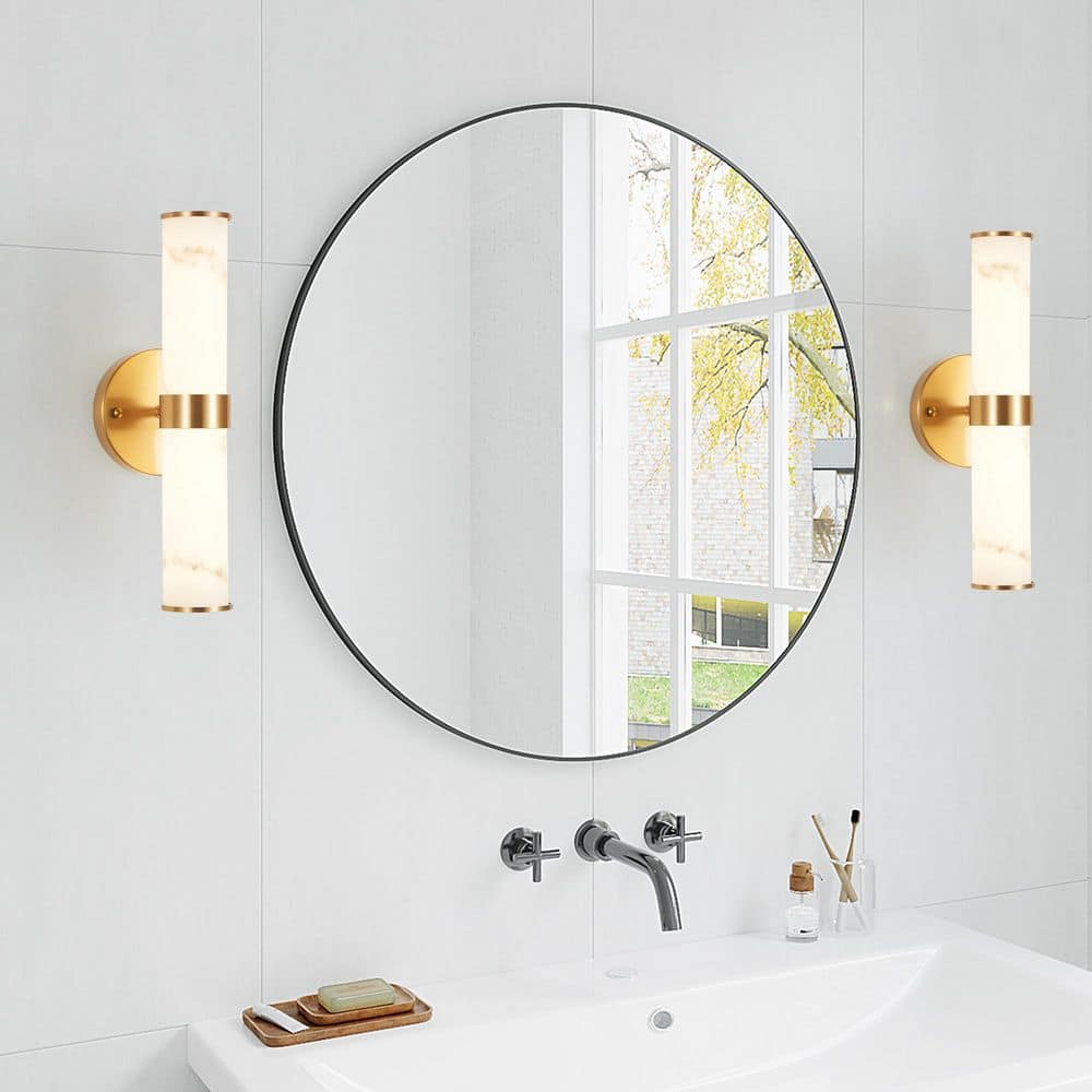Set of 2 Golden Resin Wall Sconces - Marble-Texture with LED, Modern Vertical Lighting for Bathrooms, Hallways price history on PriceWatchPro