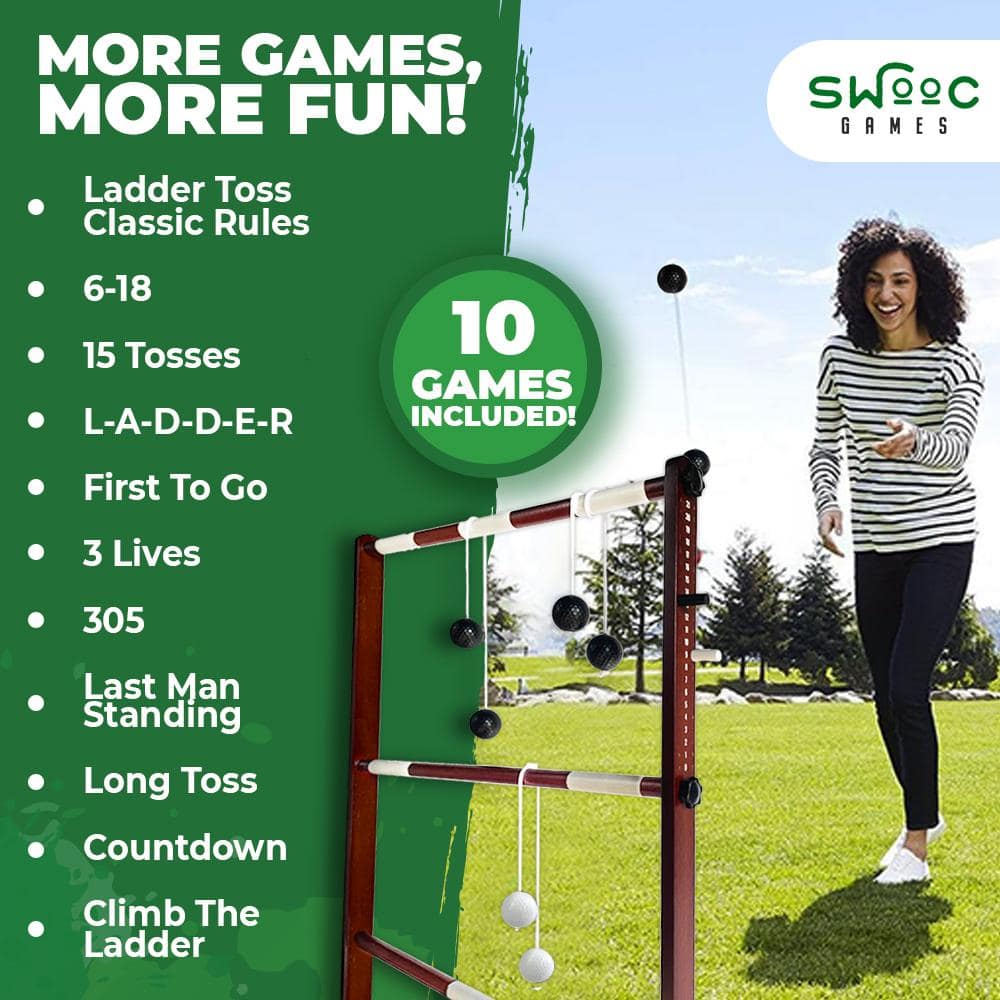 Wooden Ladder Ball Game Set (Weather Resistant) 10 Games Included and Carrying Case Easy to Assemble Ladder Toss