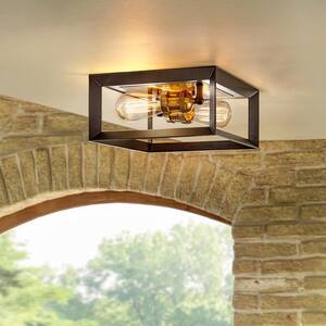 Walden Forge 2-Light Black Frame Flush Mount Ceiling Light with Antique Brass Sockets