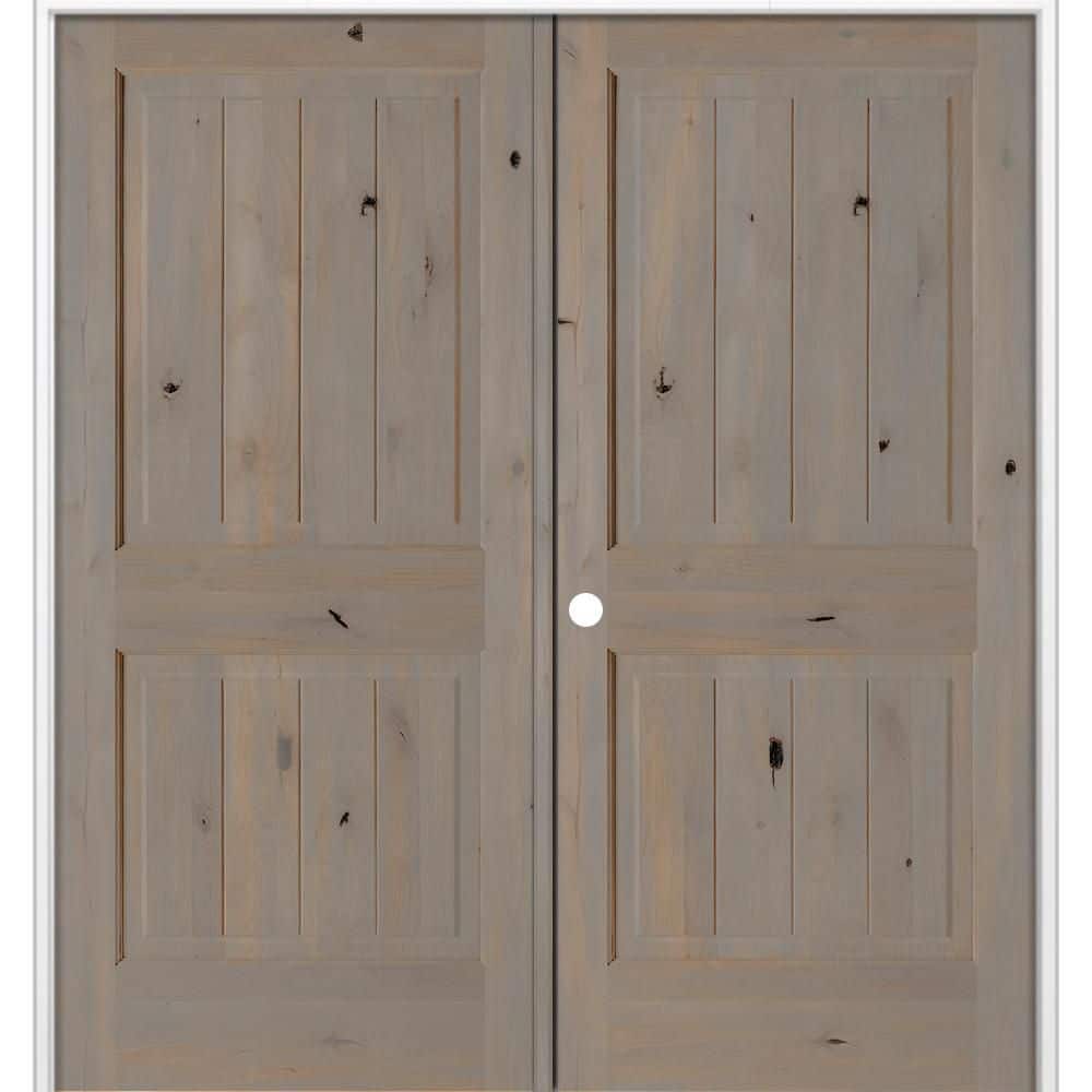 72 in. x 80 in. Knotty Alder 2-Panel V-G Solid Wood Right-Active BEHR Weathered Gray Stain Double Prehung Interior Door price history on PriceWatchPro