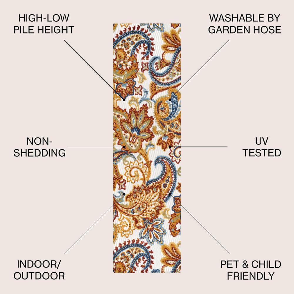Paisley High-Low Orange and Multicolor Synthetic Runner Rug