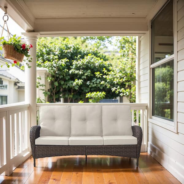 Opohoro PlainCurve Metal and Brown Wicker Outdoor 3-Seat Sectional Couch Sofa with Olefin Beige Cushions