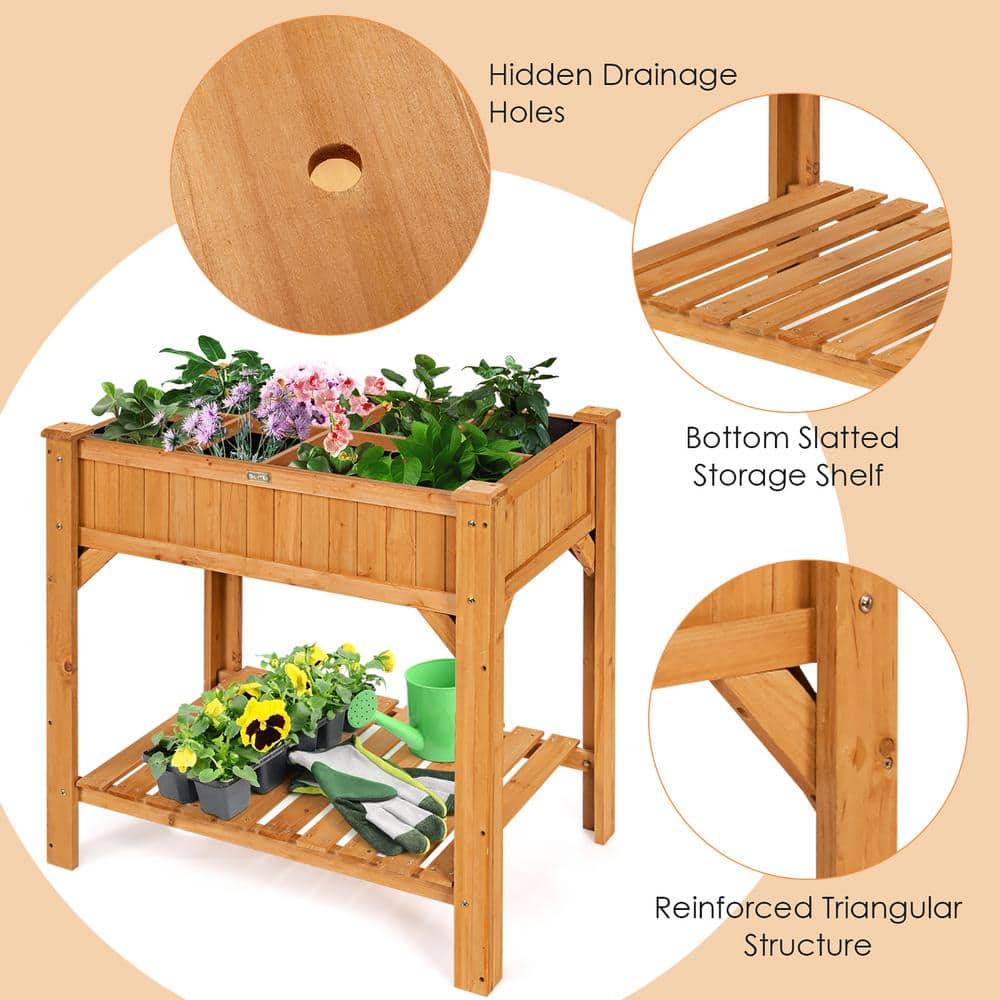 Natural Fir Wood Raised Garden Bed with Liner and Shelf