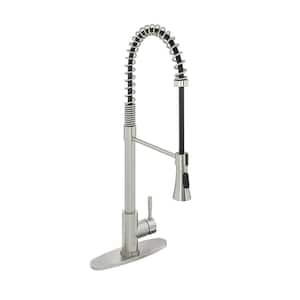 Single-Handle Spring Pull Down Sprayer Kitchen Faucet in Brushed Nickel with Dual Function Sprayhead and Deckplate