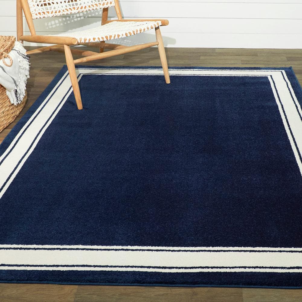 Navy and White Rectangular Synthetic 5' x 7' Area Rug