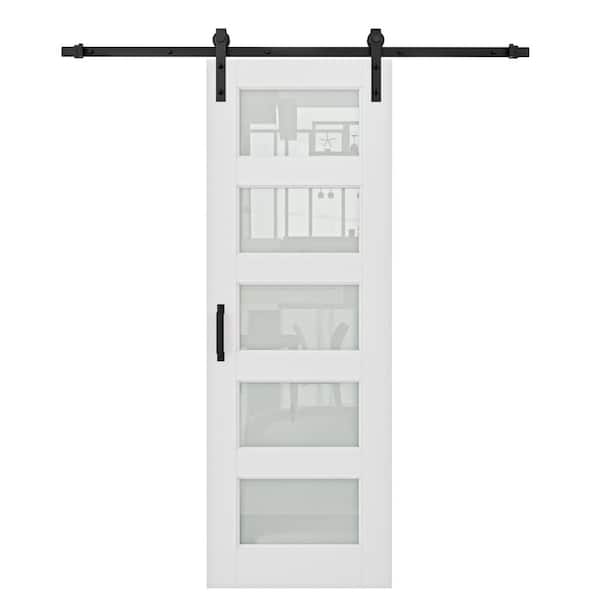 30 in. x 80 in. 5-Lite Tempered Frosted Glass White Primed MDF Sliding Barn Door with Hardware Kit (Soft Close Include)