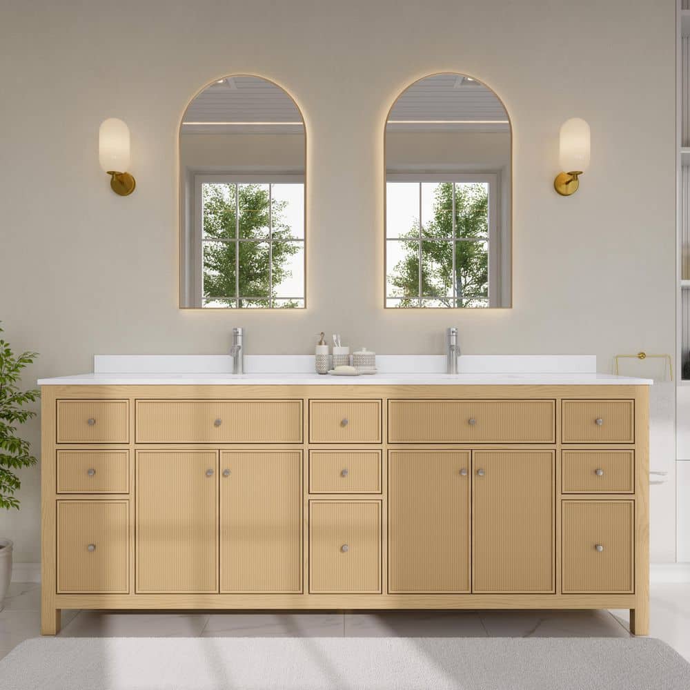Pendry 84 in. Double Freestanding Tanned Oak Bath Vanity with White Quartz Top Assembled price history on PriceWatchPro