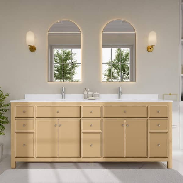 Pendry 84 in. Double Freestanding Tanned Oak Bath Vanity with White Quartz Top Assembled