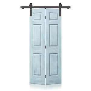 30 in. x 84 in. Vintage Denim Blue Stain 6-Panel MDF Hollow Core Composite Bi-Fold Barn Door with Sliding Hardware Kit