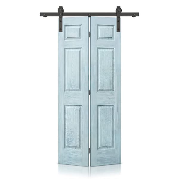 CALHOME 30 in. x 84 in. Vintage Denim Blue Stain 6-Panel MDF Hollow Core Composite Bi-Fold Barn Door with Sliding Hardware Kit