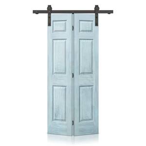 36 in. x 84 in. Hollow Core Vintage Denim Blue Stain 6 Panel MDF Composite Bi-Fold Barn Door with Sliding Hardware Kit