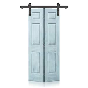 36 in. x 84 in. Hollow Core Vintage Denim Blue Stain 6 Panel MDF Composite Bi-Fold Barn Door with Sliding Hardware Kit