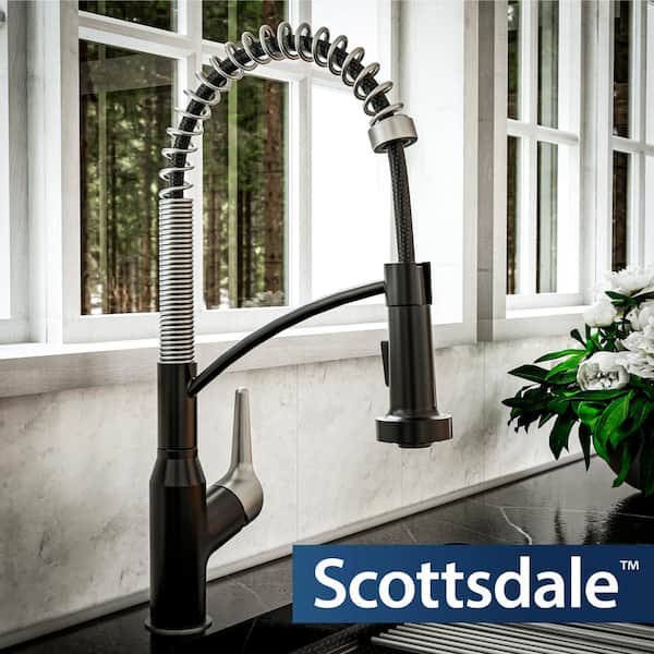 Scottsdale Single Handle Pull-Down Sprayer Kitchen Faucet in Matte Black and Stainless Steel