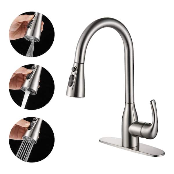 Heemli Gooseneck Single-Handle Pull Down Sprayer Kitchen Faucet with Deckplate Pull Out Sink Faucet in Brushed Nickel