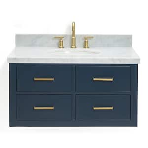 Hutton 37 in. W x 22 in. D x 19.6 in. H Bath Vanity in Midnight Blue with Carrara White Marble Top