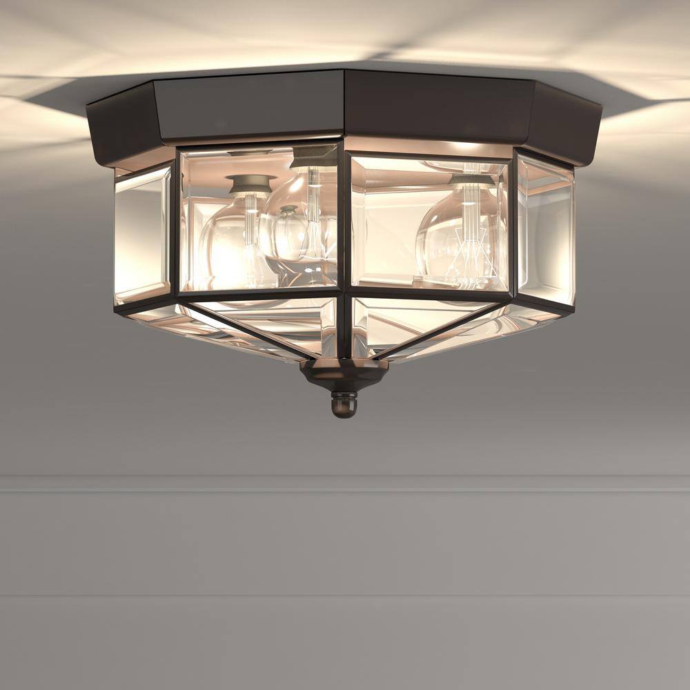 Antique Bronze 3-Light Flush Mount with Beveled Glass