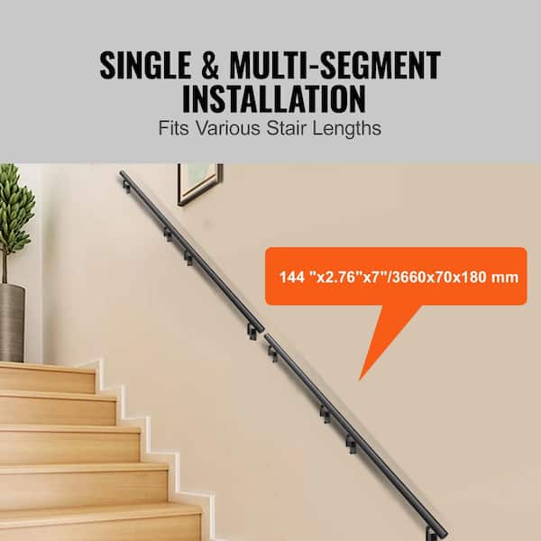 VEVOR Handrail Stair Railing 7 in. H x 144 in. W Wall Mount Handrails Black Aluminum Alloy handrails for indoor stairs