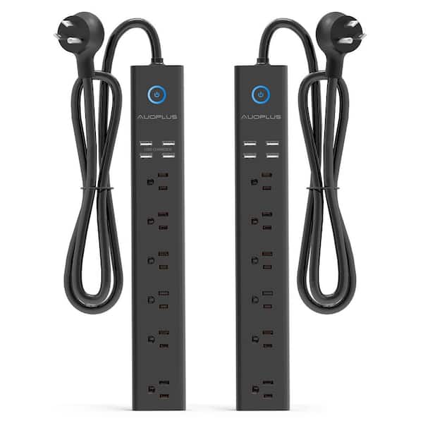 Lukyamzn 6 ft. Extension Cord 6-Outlet Power Strip Surge Protector in Black with 4 USB ports and Flat Plug - 2 Pack