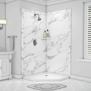 Splendor 40 in. x 40 in. x 80 in. 7-Piece Easy Up Adhesive Corner Shower Wall Surround in Calacatta White