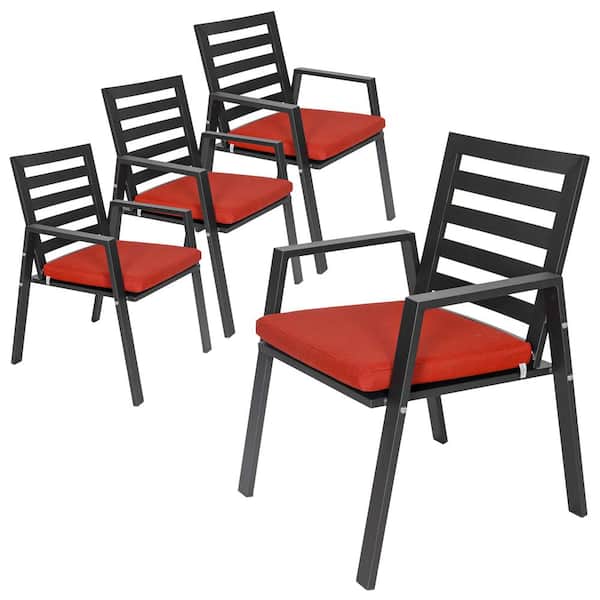 Leisuremod Chelsea Modern Dining Chair in Black Aluminum with Removable Cushions Set of 4, Cherry Red