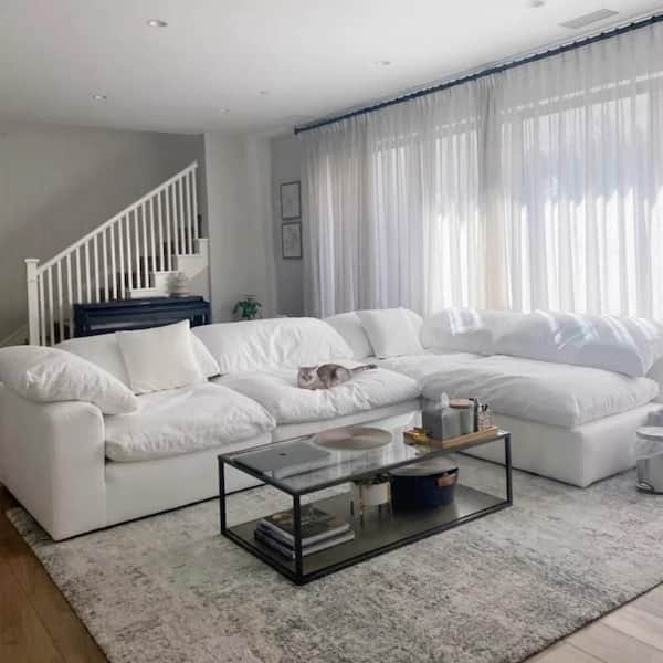 J&E Home Oversized 120.3 in. W Square Arm Feather 4-Piece L-Shaped Linen Sectional Sofa for Apartment in White-L Shaped JE-121WE-1123