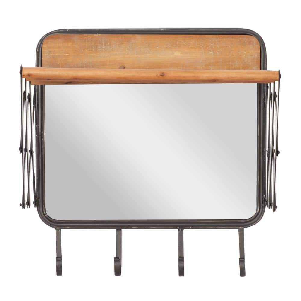 Industrial Brown Metal and Wood Wall Hook with Mirror