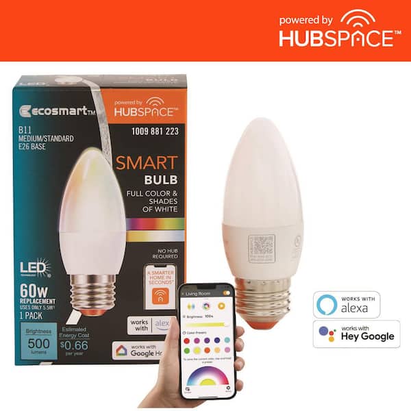 EcoSmart 60-Watt Equivalent Smart B11 E26 Color Changing CEC LED Light Bulb with Voice Control (1-Bulb) Powered by Hubspace