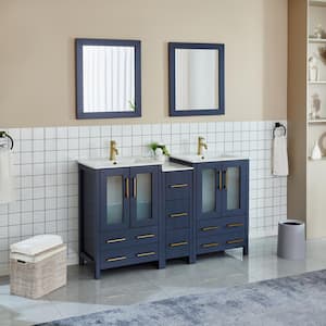 Brescia 60 in. W x 18.1 in. D x 35.8 in. H Double Basin Bathroom Vanity in Blue with Top in White Ceramic and Mirror