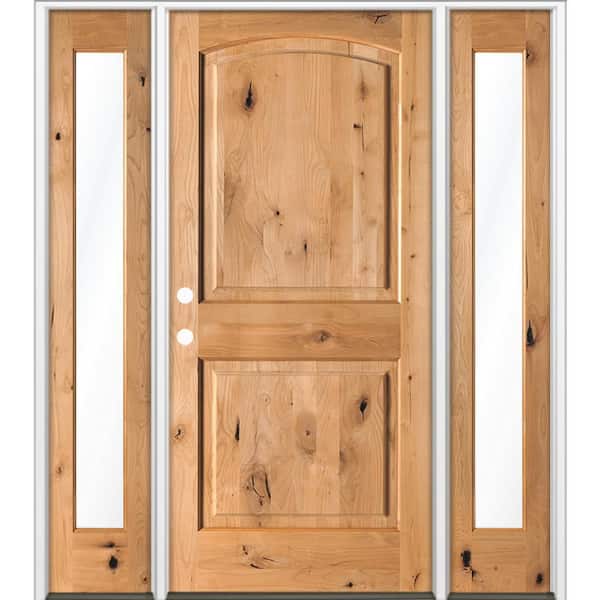 64 in. x 80 in. Knotty Alder 2 Panel Arch-Top Right-Hand/Inswing Clear Glass Cedar Stain Wood Prehung Front Door DFSL