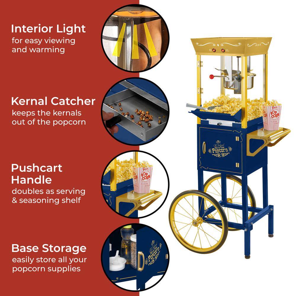 Navy and Gold Vintage Popcorn Cart with 8-Ounce Kettle