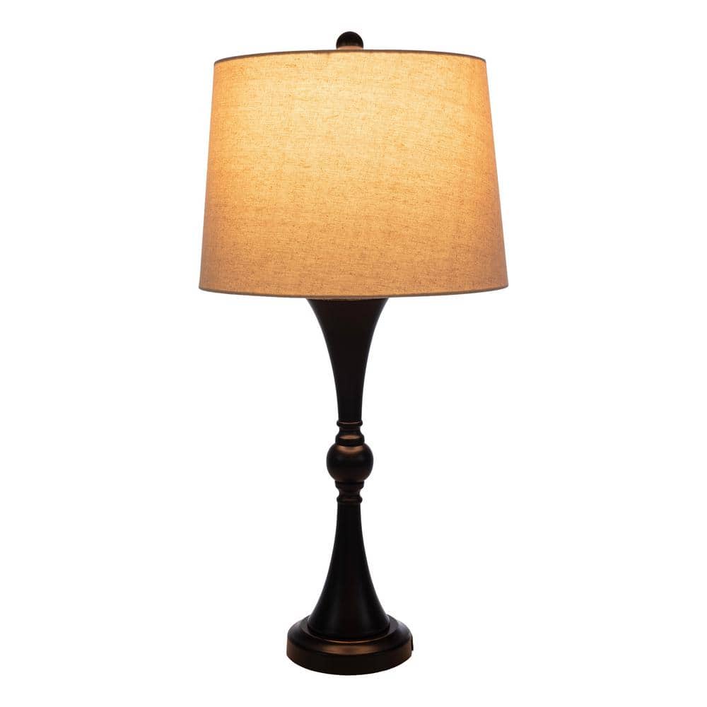 Black Metal Table Lamps with Linen Shades and USB Ports, Set of 2