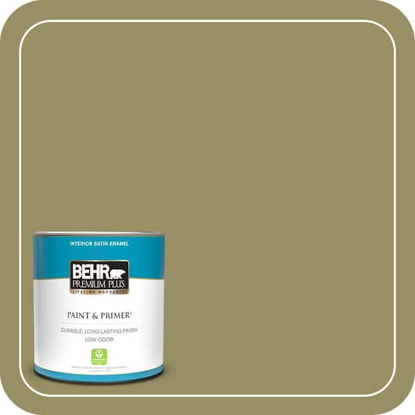 BEHR PREMIUM PLUS 1 qt. #390F-6 Tate Olive Satin Enamel Low Odor Interior Paint & Primer