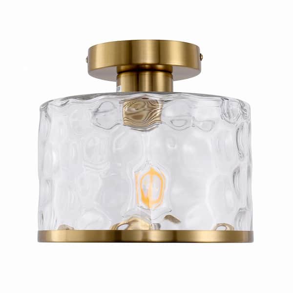 9 in. 1-Light Gold Round Clear Glass Semi-Flush Mount with Water Glass Shade for Bathroom and No Bulbs Included 1-Pack