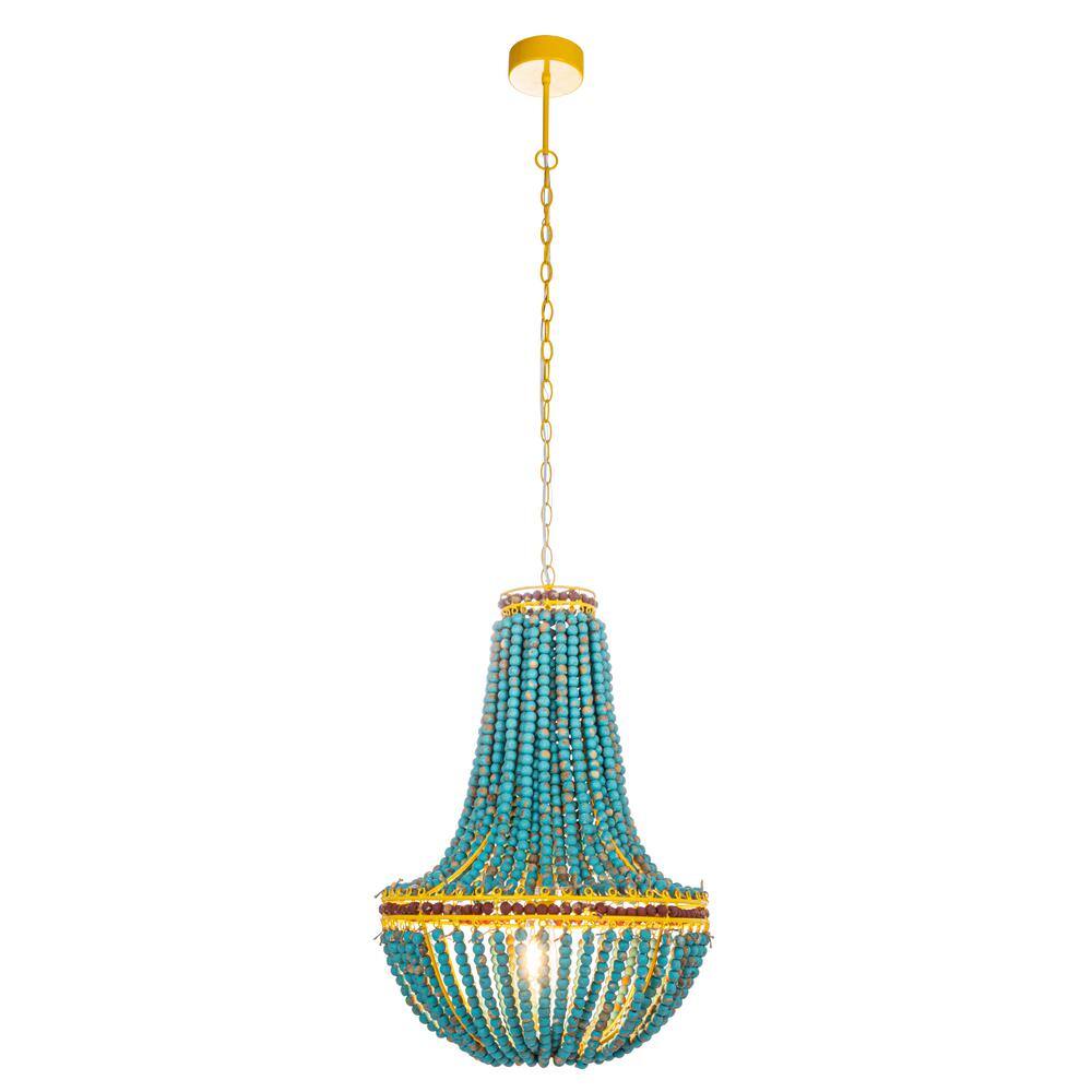 Eclectic Boho Multicolor Wood Beaded Chandelier with Yellow Metal Canopy