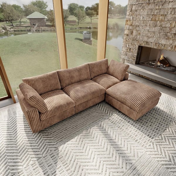 J&E Home 4-Piece Brown Faux Rabbit Fur Fabric Sectional Sofa L