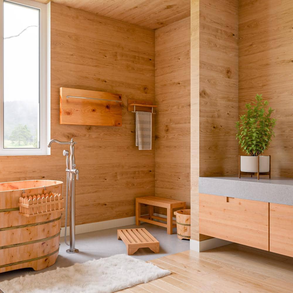 Natural Wood Wall Shelf with Chrome Towel Bar