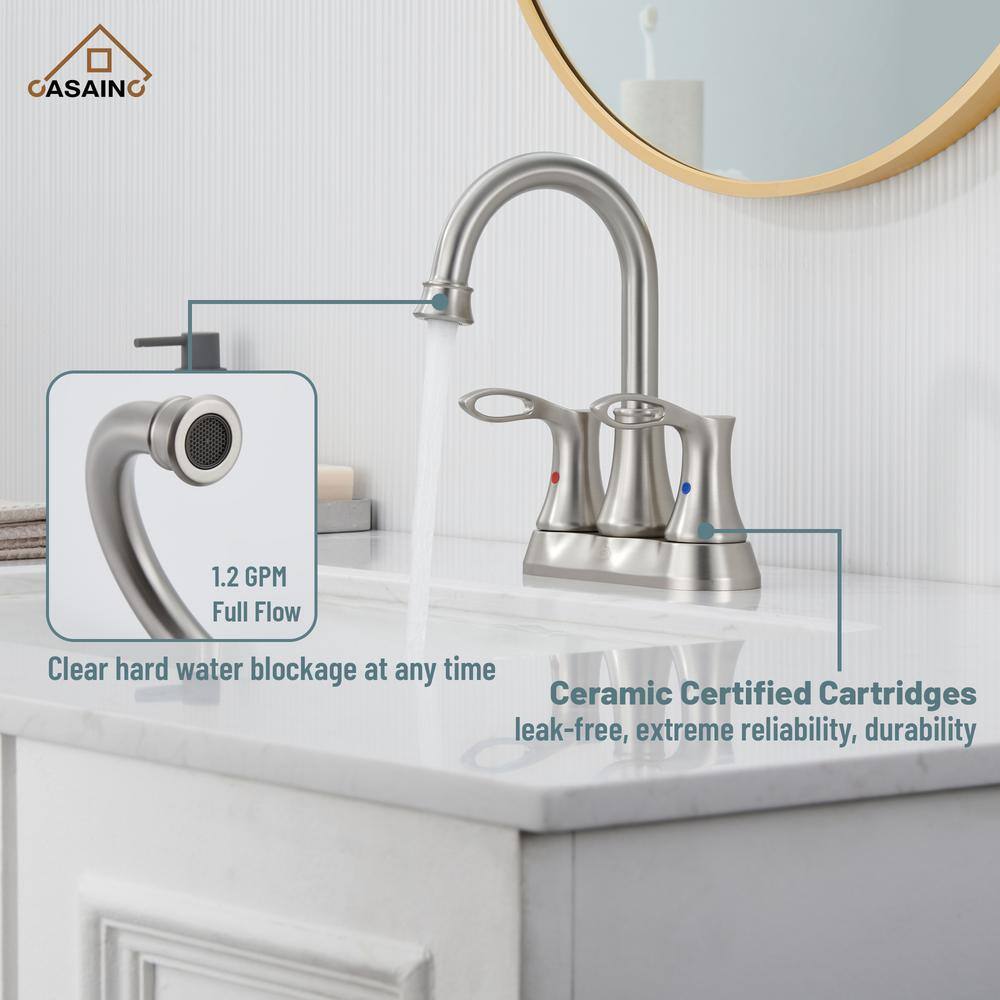 Brushed Nickel Dual Handle High Arc Bathroom Faucet with Metal Drain