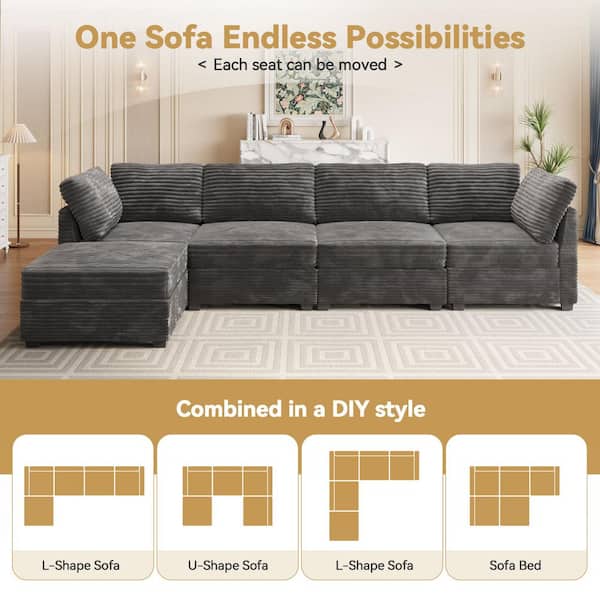 Allwex 130 in. Square Arm Modern 8-Piece Plush Corduroy U-Shape