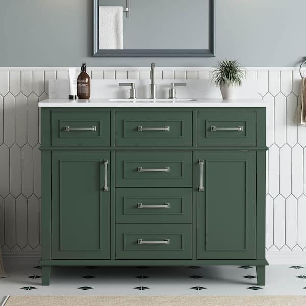 Agatha 43 in. Single Sink Freestanding Sea Green Bath Vanity with White Engineered Stone Top and Backsplash Assembled