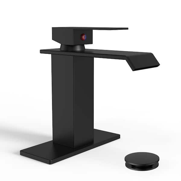 Waterfall Single Hole Single-Handle Low-Arc Bathroom Faucet With Pop-up Drain Assembly in Matte Black