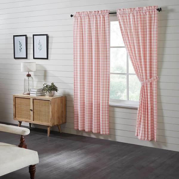 VHC BRANDS Annie Buffalo Check 40 in W x 84 in L Light Filtering Window Panel in Coral Soft White Pair