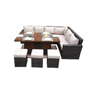 Jessica 8-Piece Wicker Patio Conversation Set with Beige Cushions with Firepit Table