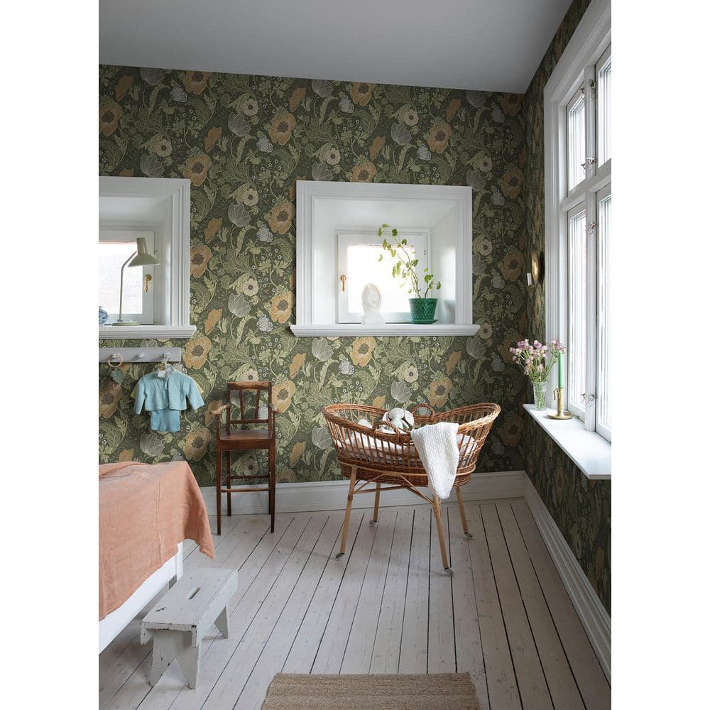 Green and Light Brown Floral Removable Wallpaper Roll