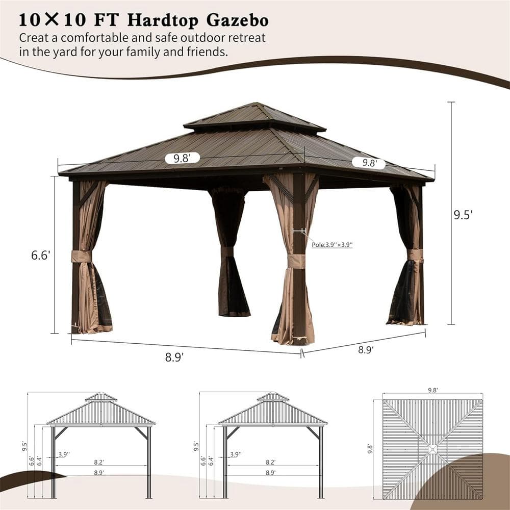 10' x 10' Dark Brown Aluminum Hardtop Gazebo with Curtains and Netting