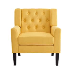 Yellow Comfy Modern Accent Chair Linen Upholstery Wood Legs for Living Room Bedroom Mid Century Armchair