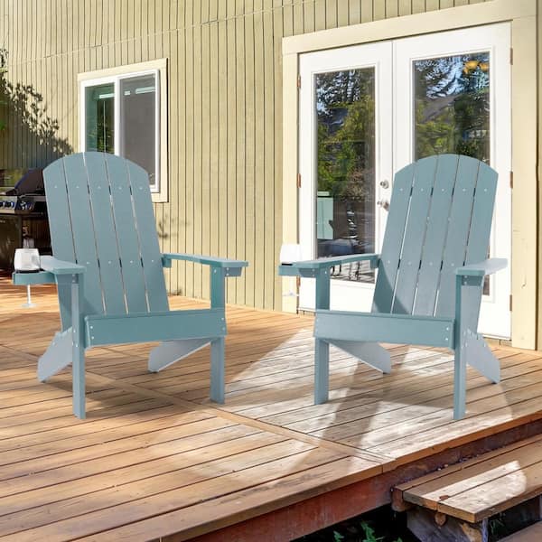 Sonkuki Lake Blue Plastic Weather-Resistant Adirondack Chair with Cup Holder (2-Pack)