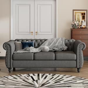 82 in. Classic Chesterfeild Dutch Plush Gray Upholstered Sofa with Buttoned Tufted Backrest and Rubber Wood Legs