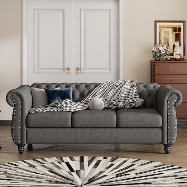 Magic Home 82 in. Classic Chesterfeild Dutch Plush Gray Upholstered ...