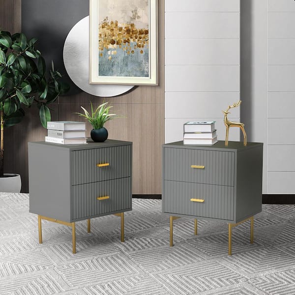 JAYDEN CREATION Orena 19.7 in. W x 15.7 in. D x 25.2 in. H 2-Drawer Grey Nightstand with Metal Legs and Ample Storage Space (Set of 2)